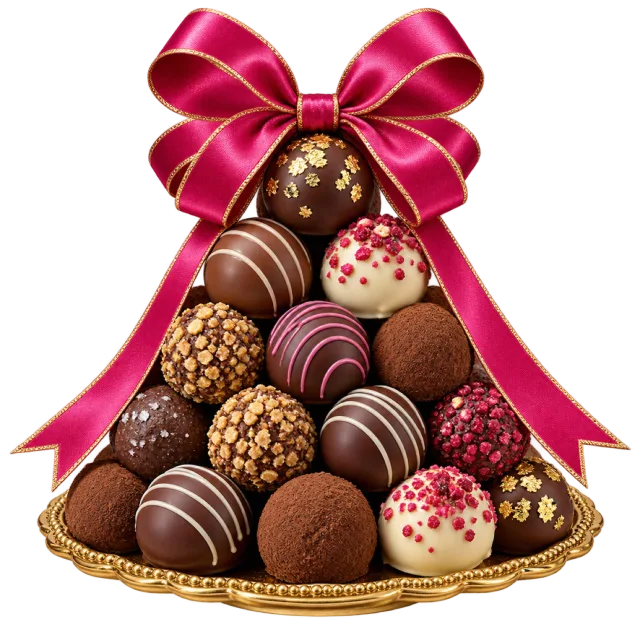 A pyramid of assorted chocolate truffles on a gold-colored tray topped with a pink ribbon bow