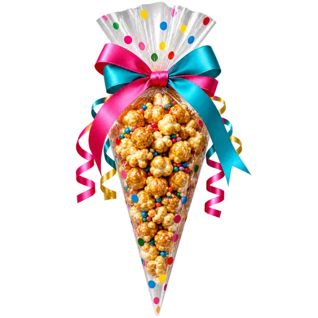 A clear cone bag of caramel-colored popcorn tied with bright pink and turquoise ribbons
