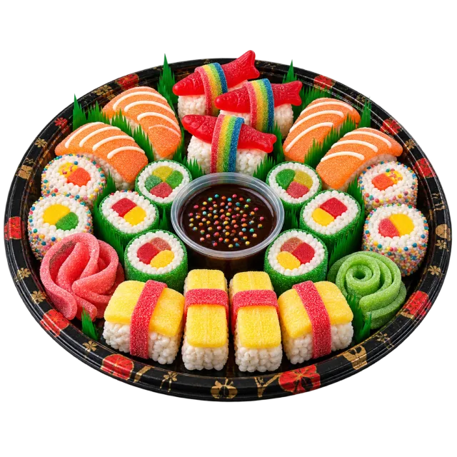 A black platter of colorful sushi-shaped sweets arranged around a small central dipping bowl