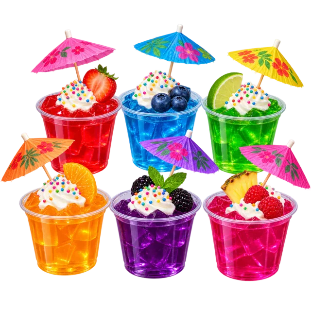 Six brightly colored jelly cups with cream, fruit and small paper umbrella decorations