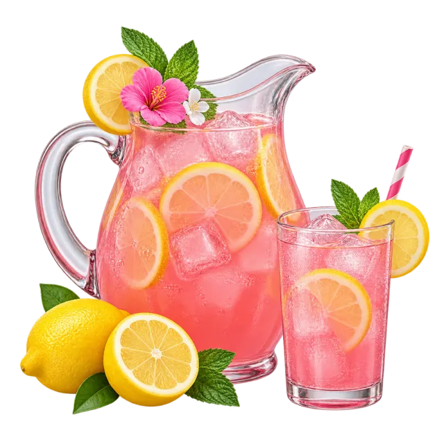 A clear pitcher and glass of pink lemonade with ice, lemon slices, mint and a small flower garnish