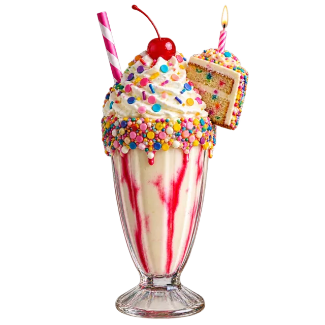 A tall pink milkshake topped with whipped cream, sprinkles, a cherry, a candle and a small cake slice