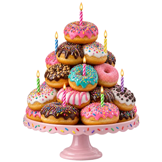 A tower of colorful iced donuts with sprinkles and lit candles on a pink cake stand