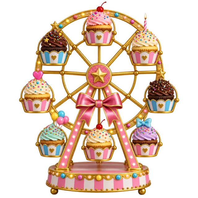 A gold-colored miniature Ferris wheel holding decorated cupcakes with a pink bow and star centerpiece