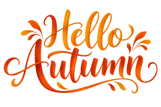 Hello Autumn in rust orange and golden yellow, relaxed flowing hand lettering on a transparent background