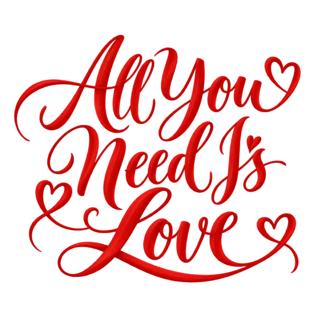 “All You Need is Love” in red calligraphy, with stacked lettering framed by looping flourishes and small outlined hearts