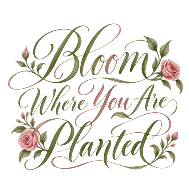 “Bloom Where You are Planted” in sage green floral calligraphy, with stacked script surrounded by pink roses and green leafy sprigs