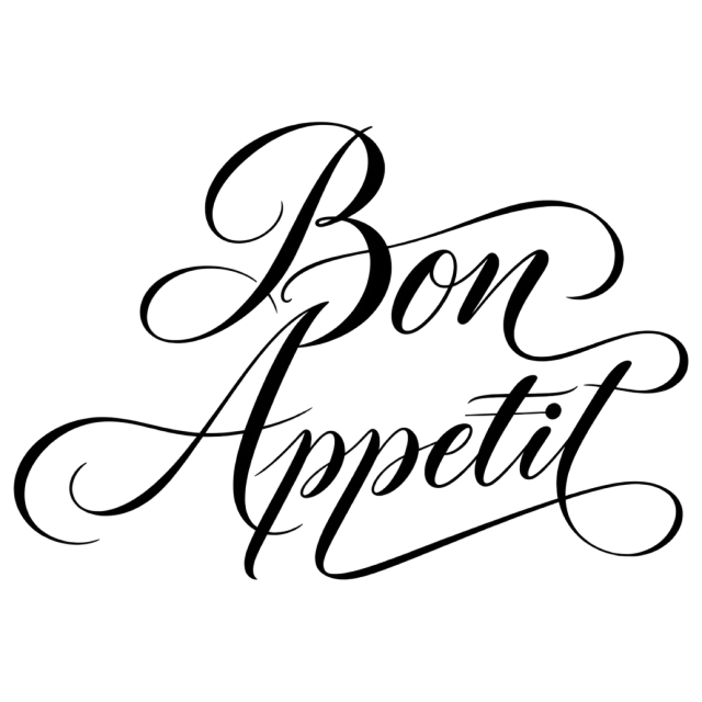“Bon Appetit” in black calligraphy, with two-line script with fine upstrokes and long elegant flourishes