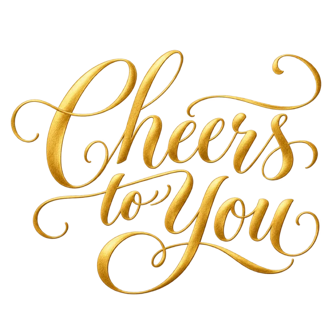 “Cheers to You” in gold calligraphy, with three lines of gold-colored lettering with bright highlights and curling terminals