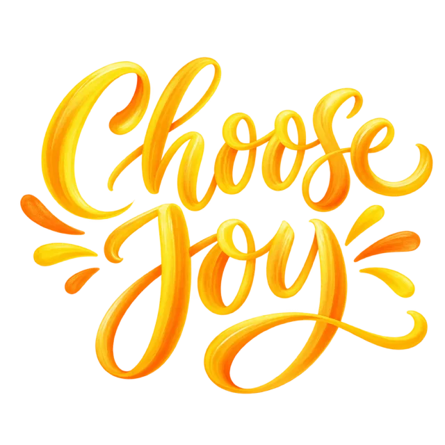 “Choose Joy” in yellow orange calligraphy, with bold yellow and orange lettering with short radiating accent strokes