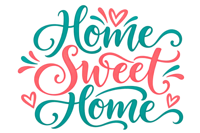 Home Sweet Home in teal and coral pink, welcoming bouncy calligraphy on a transparent background