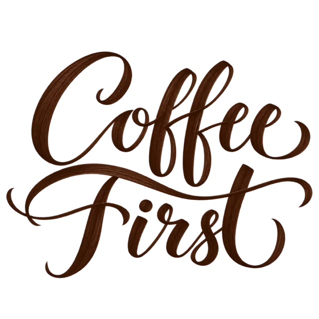 “Coffee First” in dark brown calligraphy, with bold two-line script with a looping cross-stroke between the words