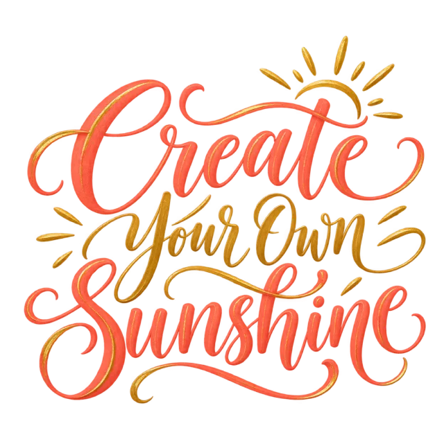 “Create your Own Sunshine” in coral gold calligraphy, with coral and gold-colored script with small sun-ray accents