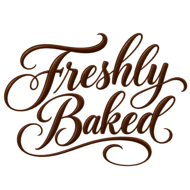 “Freshly Baked” in chocolate brown calligraphy, with two lines of thick brown script with rounded looping flourishes