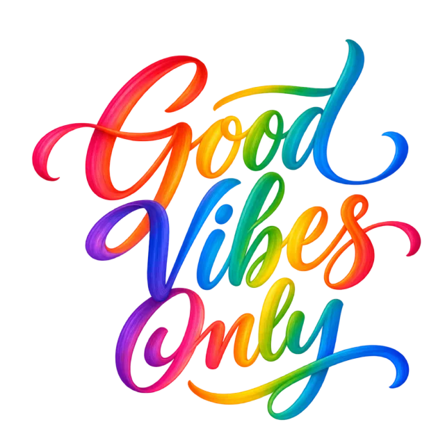 “Good Vibes Only” in rainbow calligraphy, with bright multicolored lettering with glossy shading and rounded swashes