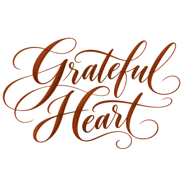 “Grateful Heart” in rust brown calligraphy, with two lines of warm brown script with large looping capitals