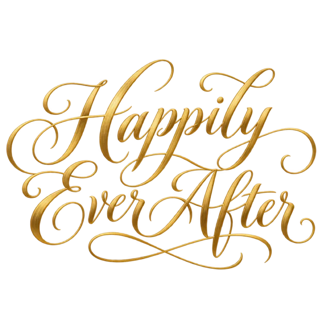 “Happily Ever After” in gold calligraphy, with ornate gold-colored script arranged across three lines