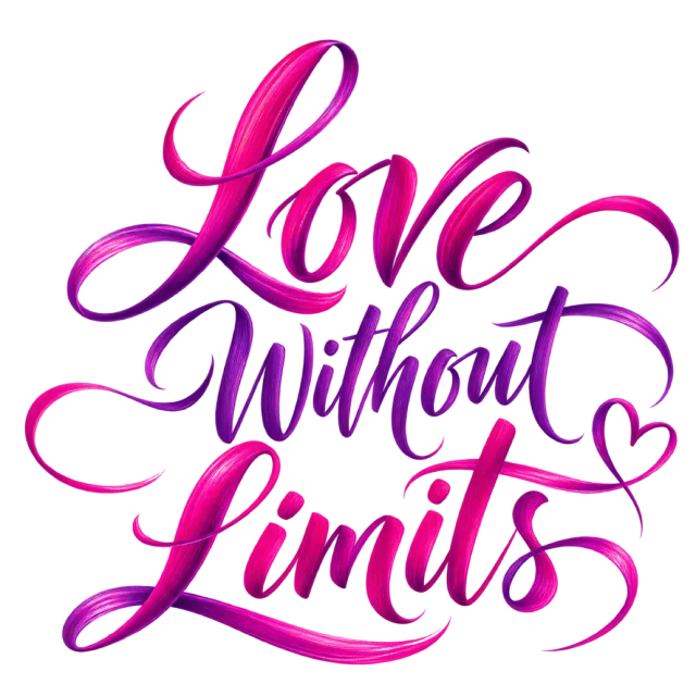 “Love Without Limits” in pink purple calligraphy, with shaded pink and purple script with a small outlined heart flourish