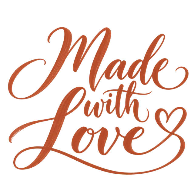 “Made with Love” in terracotta calligraphy, with warm terracotta lettering ending in a looping heart-shaped flourish
