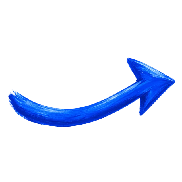 Cobalt blue hand-painted brush arrow curving gently upward and pointing to the right on a transparent background