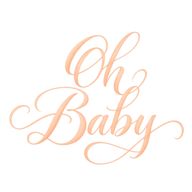 “Oh Baby” in peach calligraphy, with soft peach script with fine looping strokes and a sweeping lower flourish
