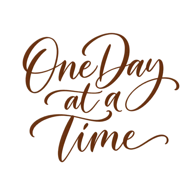 “One Day at A Time” in brown calligraphy, with warm brown script with stacked words and elongated cross-strokes