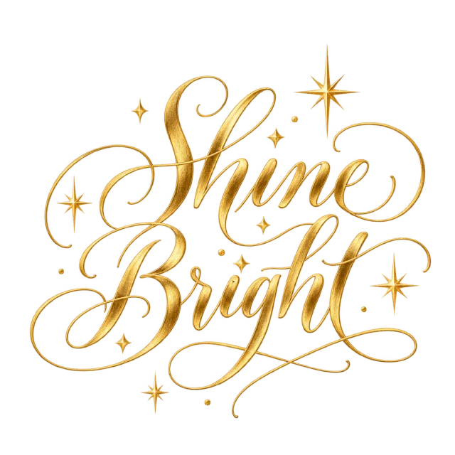 “Shine Bright” in gold stars calligraphy, with gold-colored script surrounded by starbursts and tiny sparkle accents