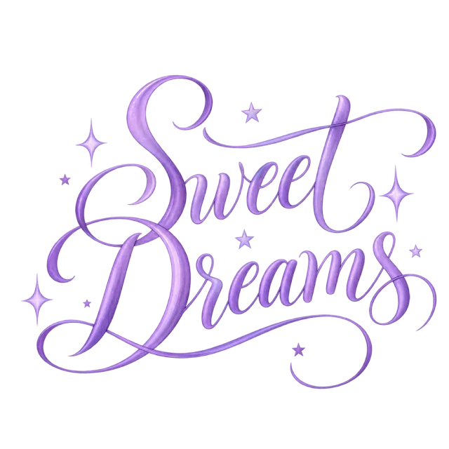 “Sweet Dreams” in lavender stars calligraphy, with lavender script surrounded by small stars and sparkle shapes