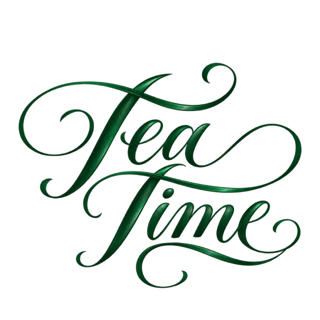 “Tea Time” in dark green calligraphy, with two lines of dark green script with generous loops and flowing swashes