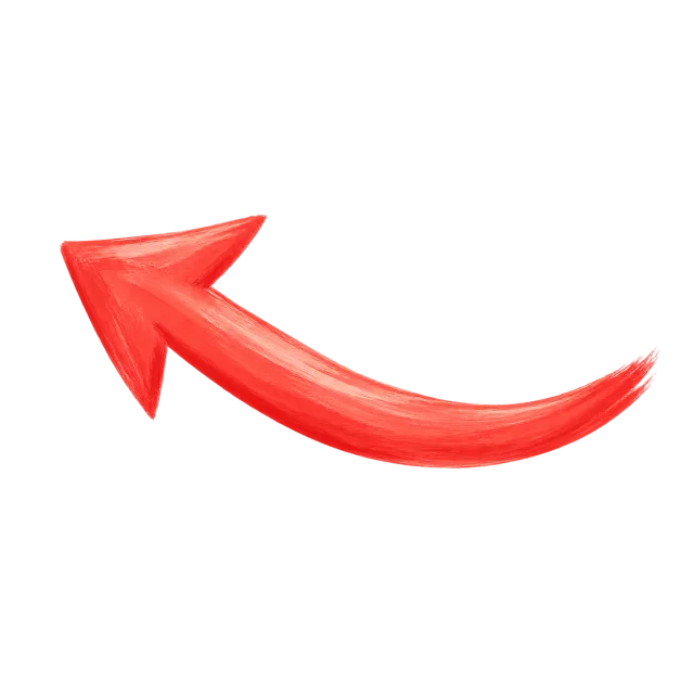 Coral-red hand-painted brush arrow curving gently upward and pointing to the left on a transparent background