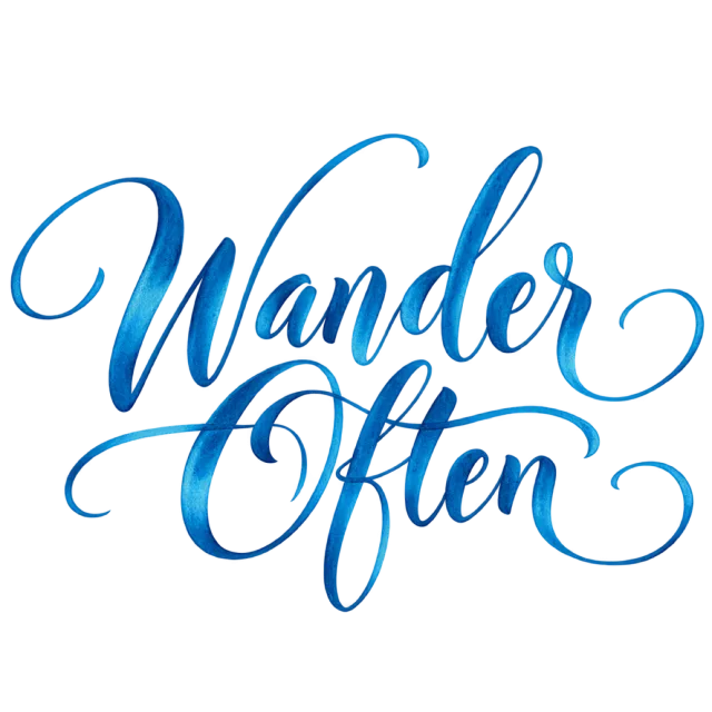 “Wander Often” in blue calligraphy, with two lines of blue script with shaded strokes and a sweeping loop below