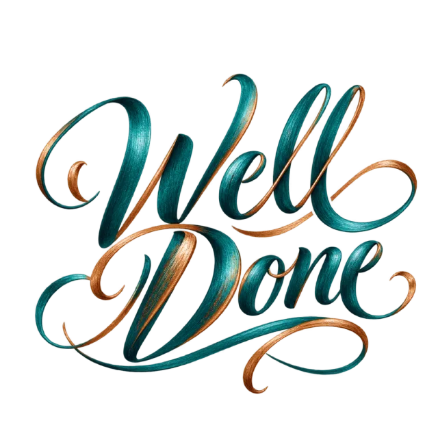 “Well Done” in teal copper calligraphy, with two-line lettering shaded in teal and copper colors with large curling strokes
