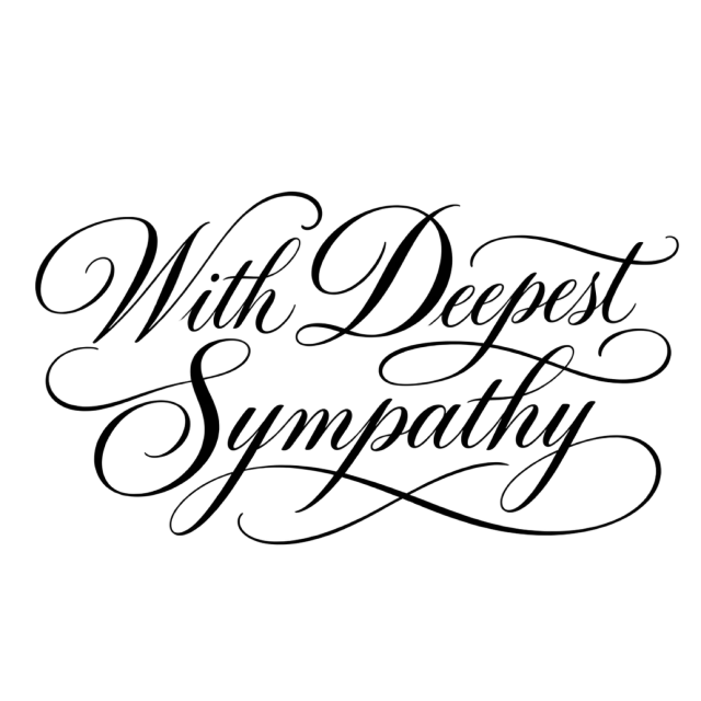 “With Deepest Sympathy” in black calligraphy, with three lines of delicate black script with a long interlaced lower flourish