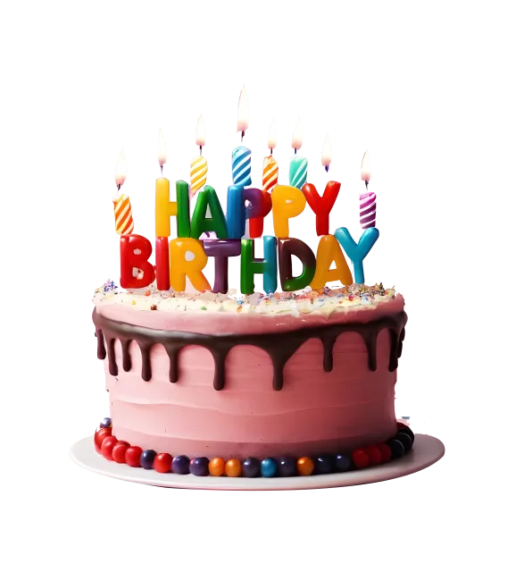 Pink chocolate-drip cake topped with colorful happy birthday candles on a transparent background