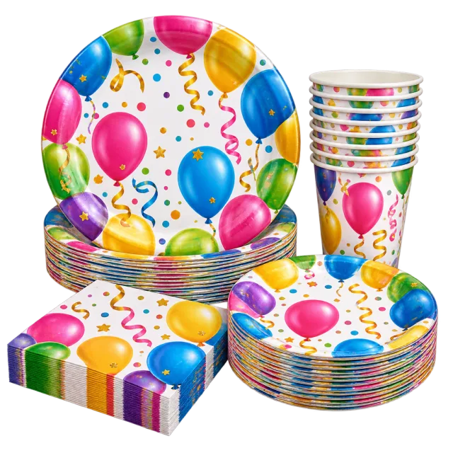 Stacks of plates, cups and napkins decorated with colorful balloons and curling streamers