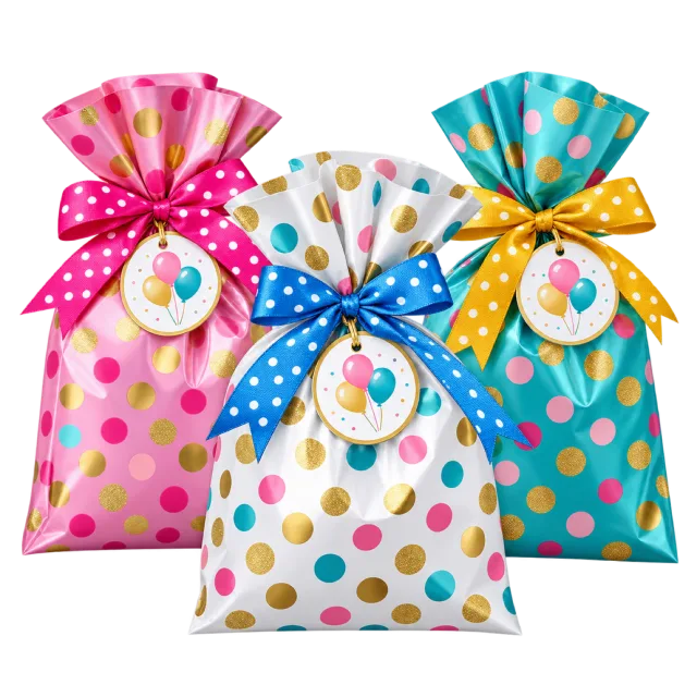 Three colorful polka dot favor bags tied with bright ribbon bows and round illustrated tags