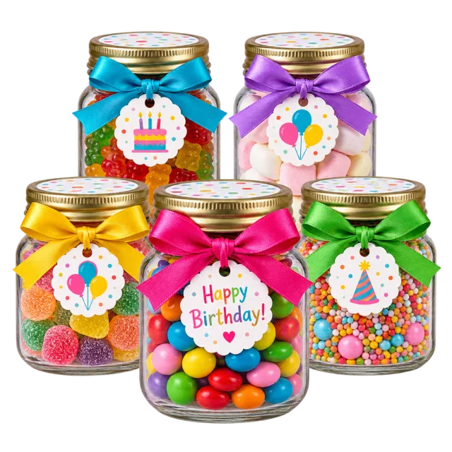 Five clear jars filled with colorful sweets and finished with ribbon bows and birthday tags
