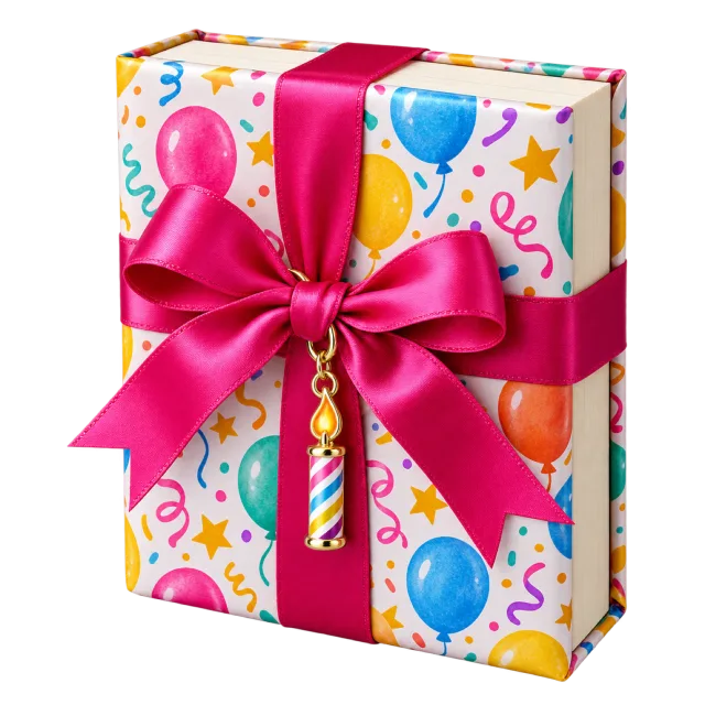 A rectangular book-shaped present in balloon-patterned wrapping with a bright pink bow and dangling candle charm