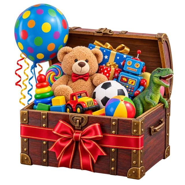 An open wooden chest filled with toys and a teddy bear, decorated with a red bow and a blue polka dot balloon