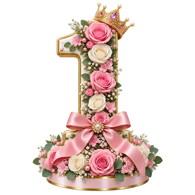 A gold-edged number one decorated with pink and cream roses, greenery, a small crown and a pink bow