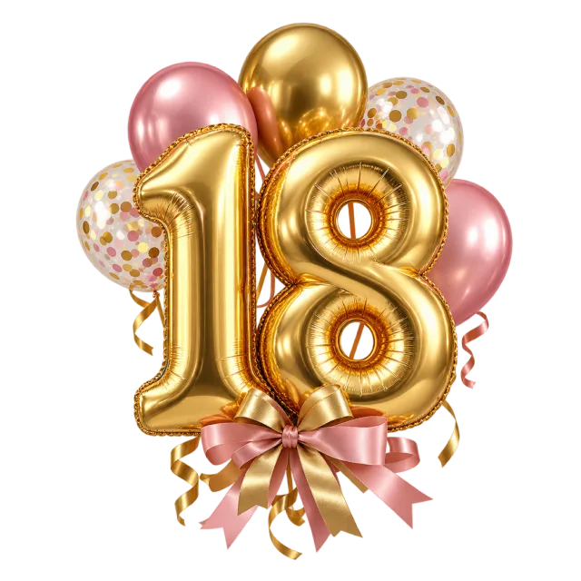 Shiny gold number eighteen balloons in front of a pink and gold balloon cluster tied with a pink bow