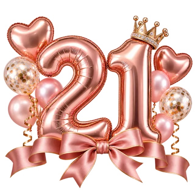 Rose gold number twenty-one balloons with heart balloons, a small crown and a matching ribbon bow