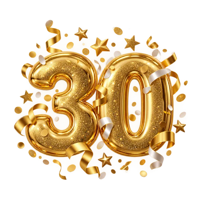 Shiny gold number thirty balloons surrounded by gold stars, curling ribbons and confetti