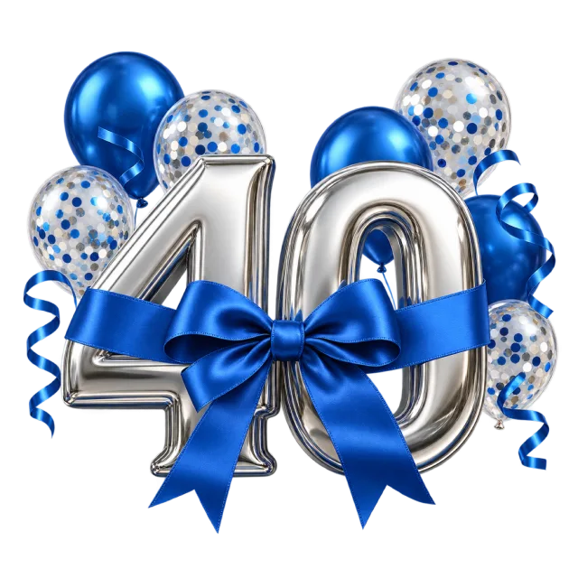 Silver number forty balloons tied with a blue bow, backed by blue and confetti balloons