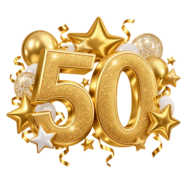 Textured gold number fifty with gold star balloons, round balloons and curling ribbons