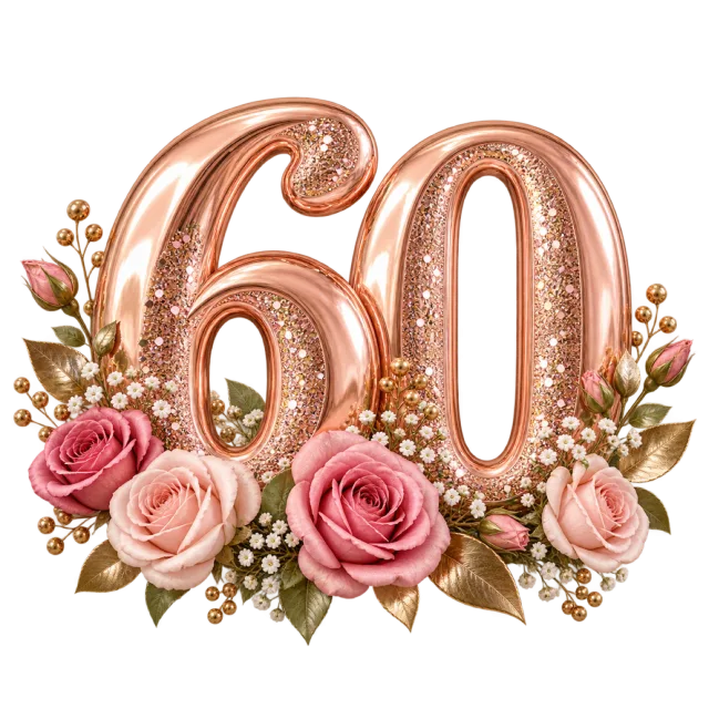 Rose gold number sixty surrounded at the base by pink roses, small blossoms and green leaves