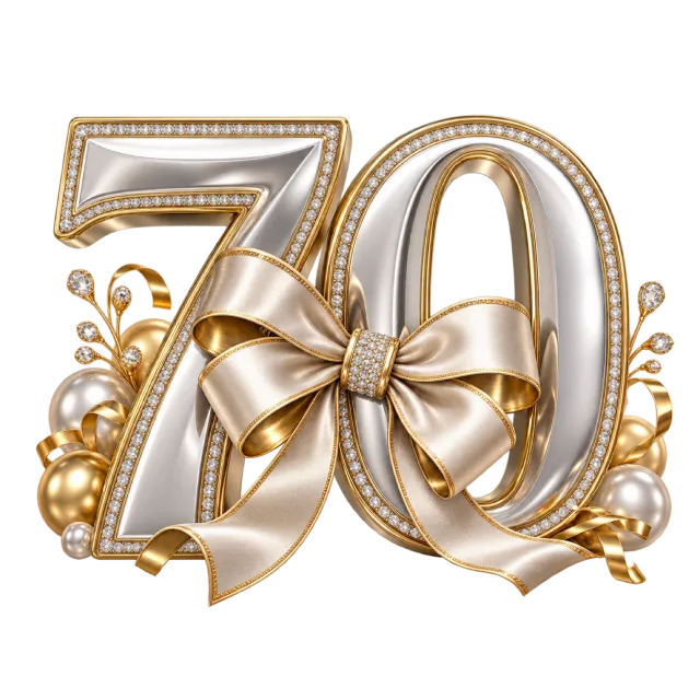 Silver-colored number seventy with gold edging, pearl-like accents and a champagne-colored bow