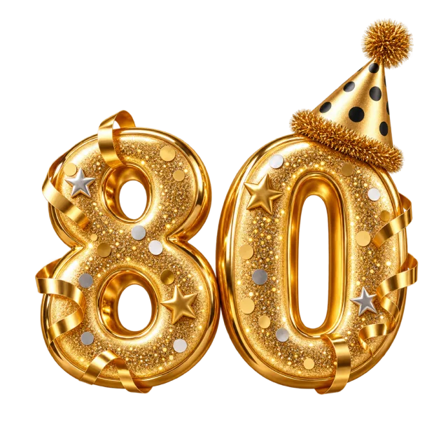 Gold number eighty balloons with small stars, curled ribbons and a dotted gold party hat