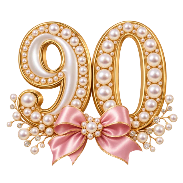 Gold-edged number ninety decorated with pearl-like beads and a pink ribbon bow