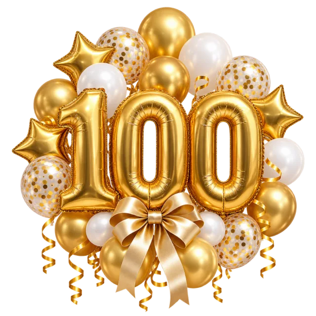 Gold number one hundred balloons surrounded by white, gold and confetti balloons and gold stars
